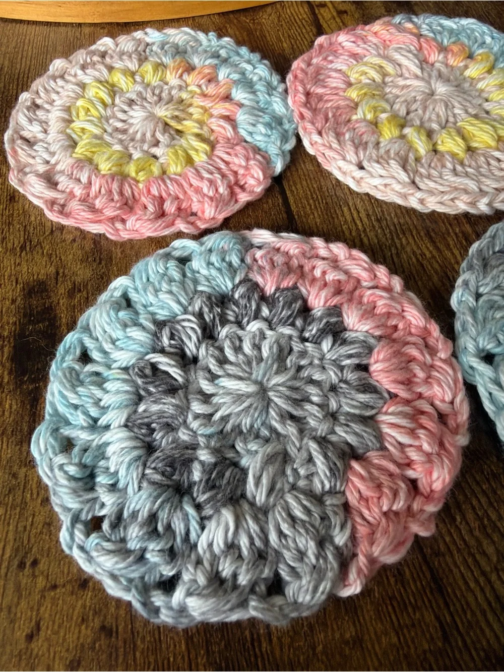 Hand Crafted Pastel Crochet Round Coasters in Pink, Blue, Gray, Cream